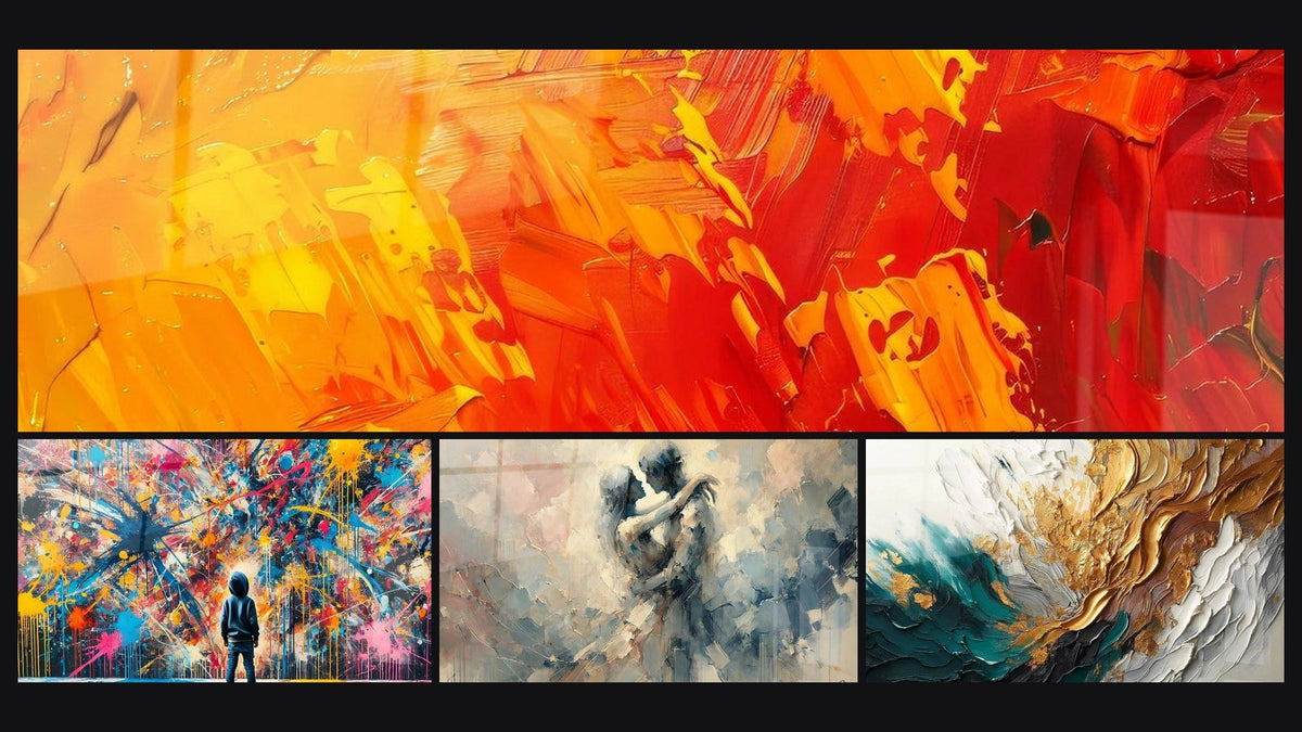 Mosaic of four paintings, including Abstract Colorful Flames, Paint Bursts and Between Us