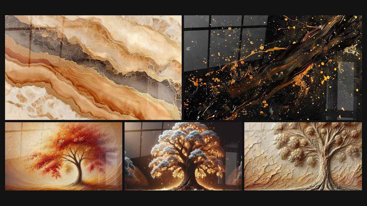 Mosaik aus fünf Gemälden, darunter Mit goldenen Adern und Umbra-Nuancen, Tanz der Jahreszeiten und Baum der Nacht