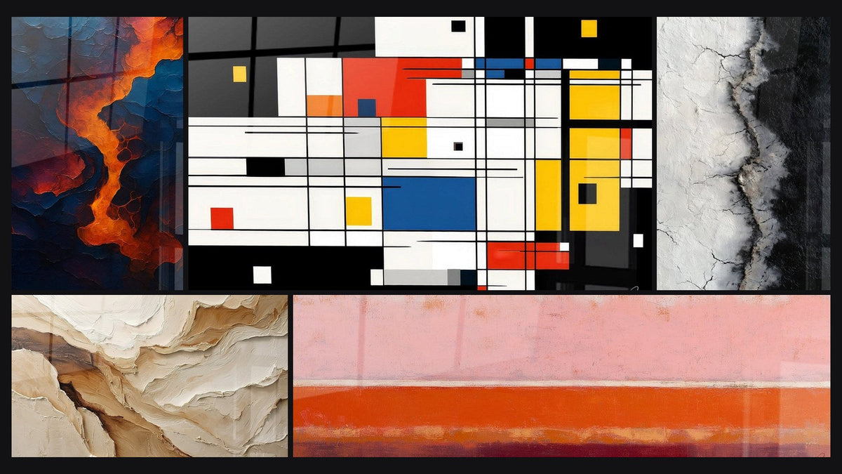 Mosaico de cinco cuadros, entre ellos Sangre de la tierra, Abstracto Beige y Tierra y Composición geométrica colorida