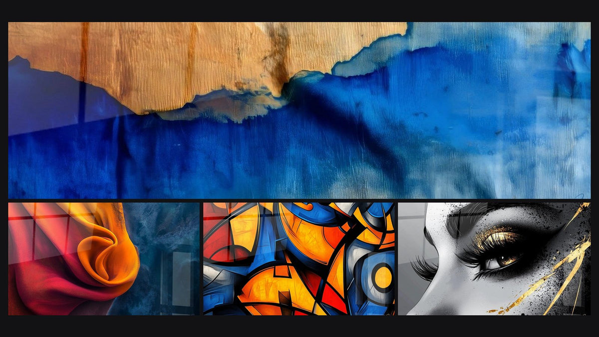 Mosaic of four paintings, including Blue Waves and Wood, Colored geometric shapes and Golden Tear Eye