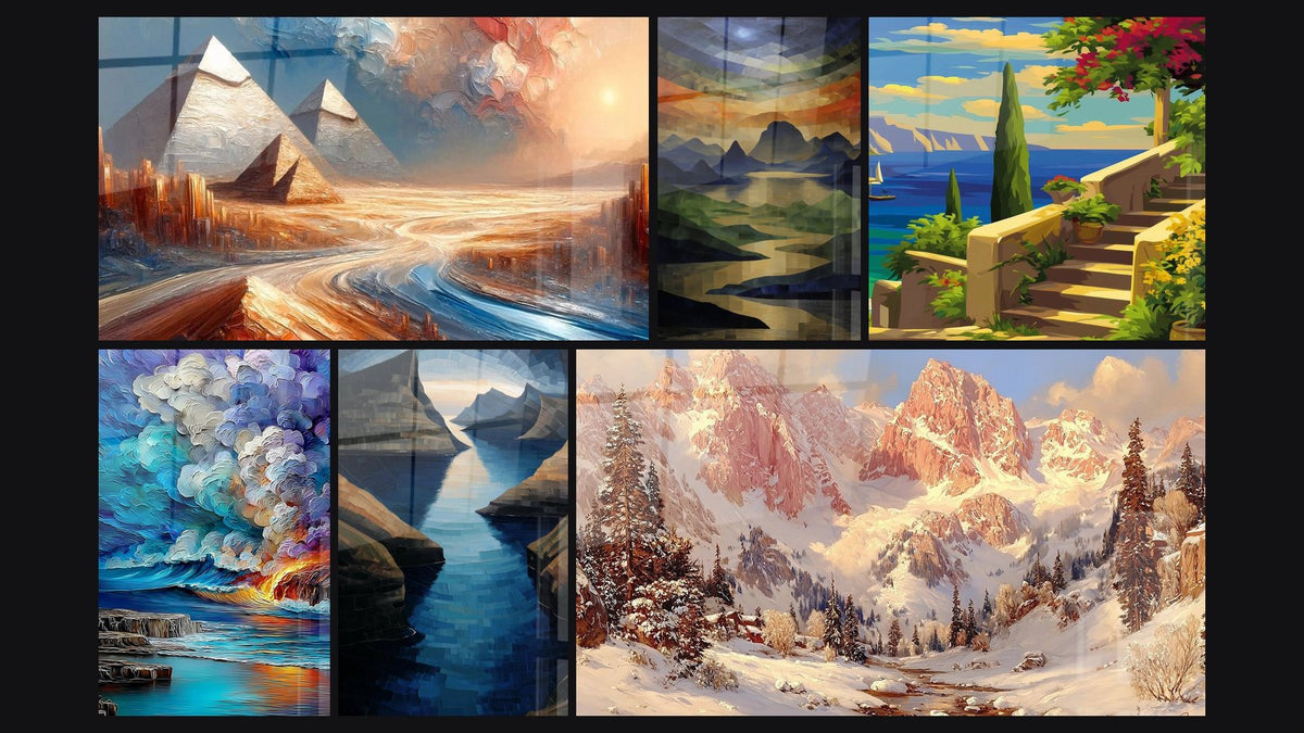 Mosaic of six paintings, including Egyptian Mirage, Marine Volcanic Eruption and Scandinavian fjord