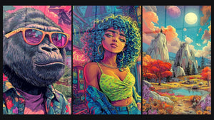 Mozaïek van drie schilderijen: Gorilla met bril, Afrikaanse stedelijke vrouw en Fantasy landschap