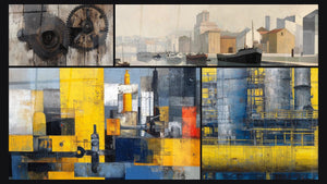 Mozaïek van vier schilderijen, waaronder Tandwielen industrieel, Abstract industrieel en Complex industrieel abstract