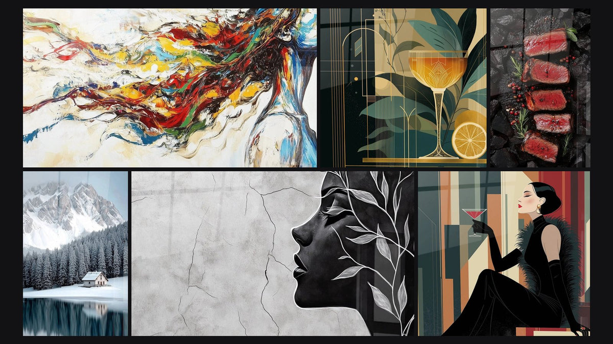 Mosaico di sei quadri, tra cui Muse Moderna, Chalet di legno autentico e Femmina Elegante al Cocktail
