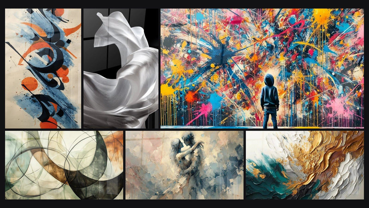 Mosaïque de six tableaux, dont Composition abstraite, Tissus Fluides et Les Liens Invisibles