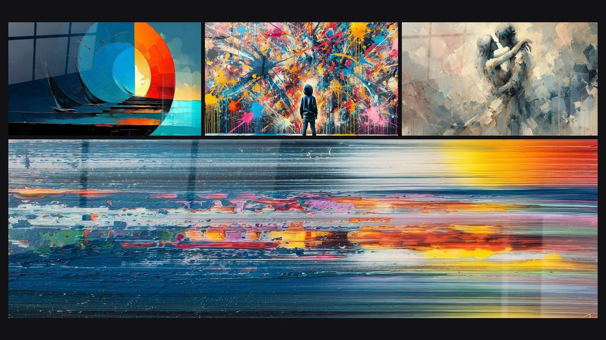 Mosaïque de quatre tableaux, dont Bateau voilier au coucher du soleil, Paysage abstrait et Éclats de Peinture