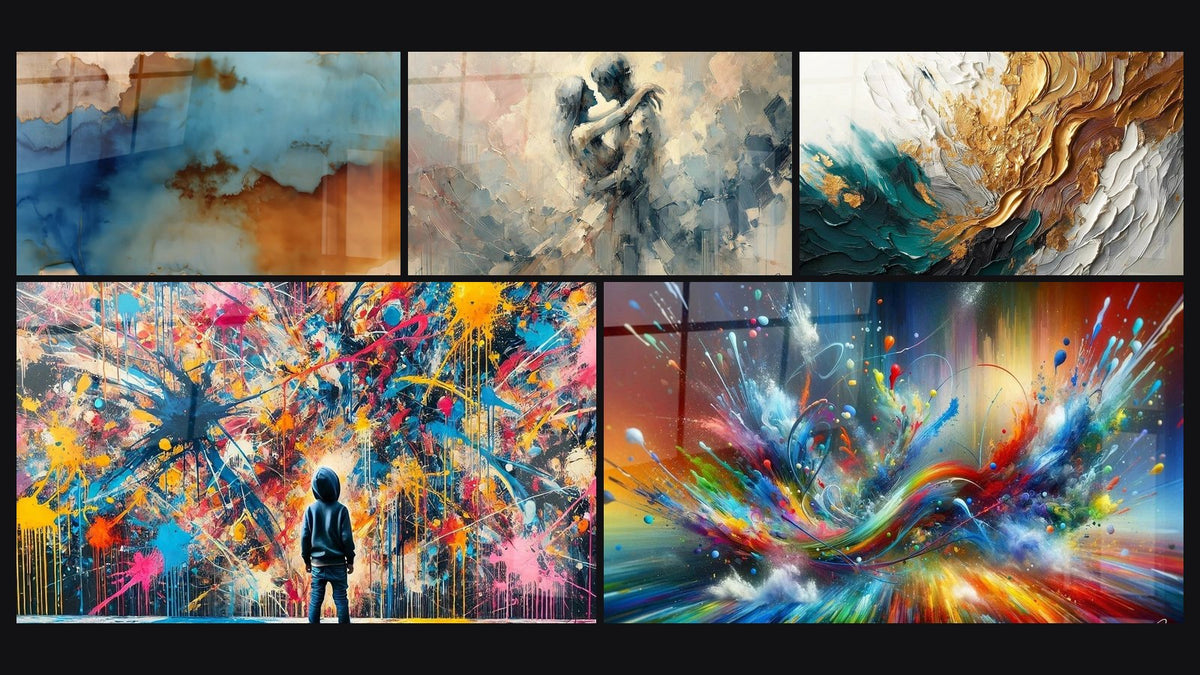Mosaico de cinco cuadros, entre ellos Nubes abstracto, Explosiones y Entre Nosotros