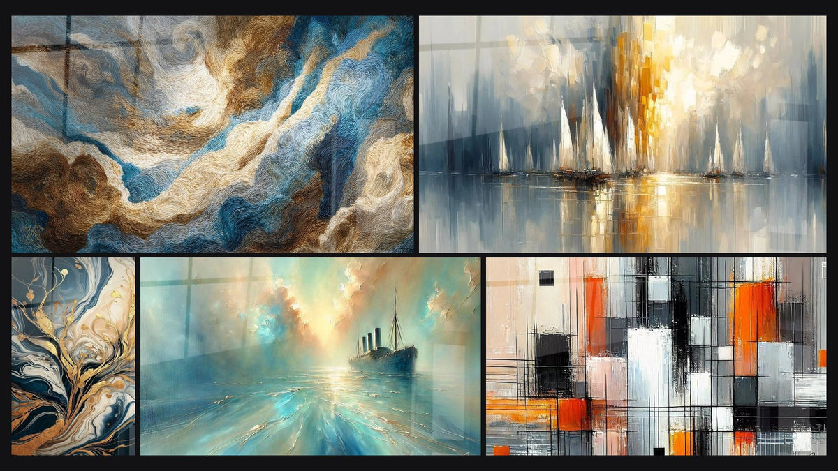 Mosaic of five paintings, including Marine storm, Fluid Golden Trees Abstract and Heart of the Breeze