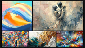 Mosaico de cinco cuadros, entre ellos Olas abstractas, Explosiones y Entre Nosotros
