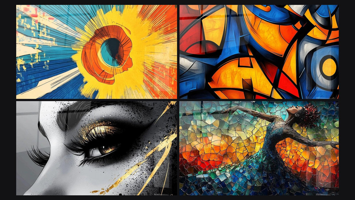 Mosaico de cuatro cuadros, entre ellos Explosión solar colorida, Formas geométricas coloridas y Ojo Lágrima de Oro