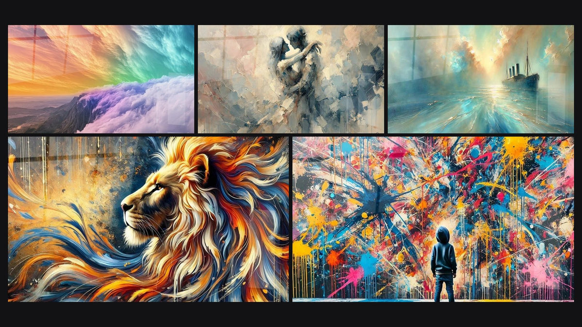 Mosaïque de cinq tableaux, dont Paysage céleste arc-en-ciel, Flamme Sauvage et Éclats de Peinture