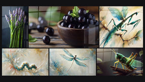 Mosaico de seis cuadros, entre ellos Espárrago N°1, Grosella Nº1 y Danza de la Mantis