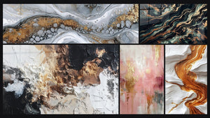 Mosaico de cinco cuadros, entre ellos Abstracto Fluido Gris y Oro, Abstracto texturizado blanco negro bronce y Flujo Aurífero