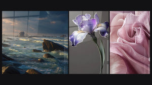 Mosaico de tres cuadros, entre ellos Rocas océano y Tulipán N°2