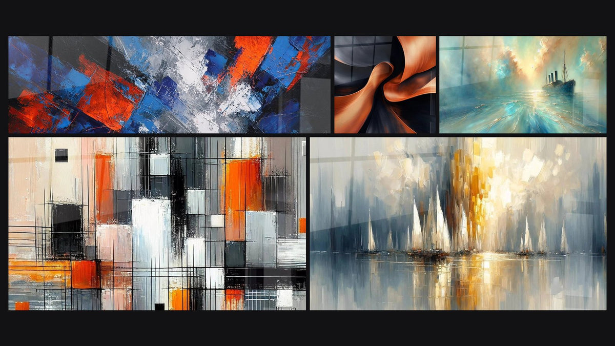 Mosaic of five paintings, including Dynamic Abstract Geometric, Sculptural Momentum Copper and Heart of the Breeze