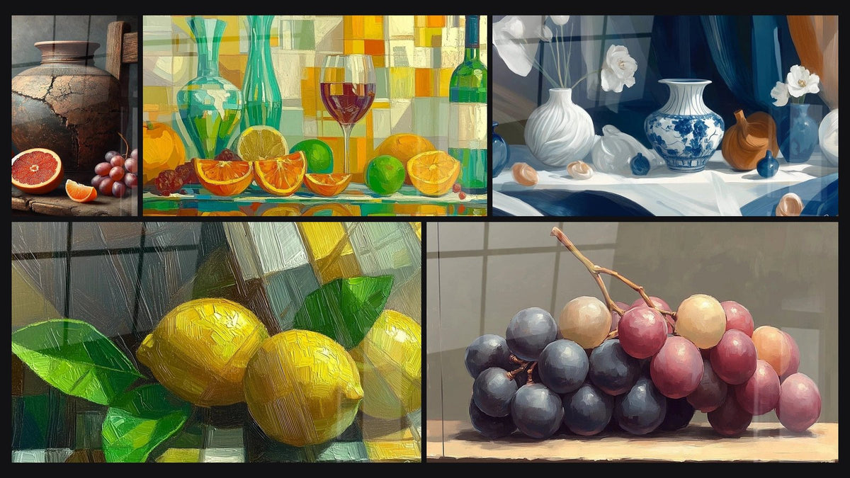 Mosaico de cinco cuadros, entre ellos Fruta del Pasado, Festín de Colores y Zest de Lumière
