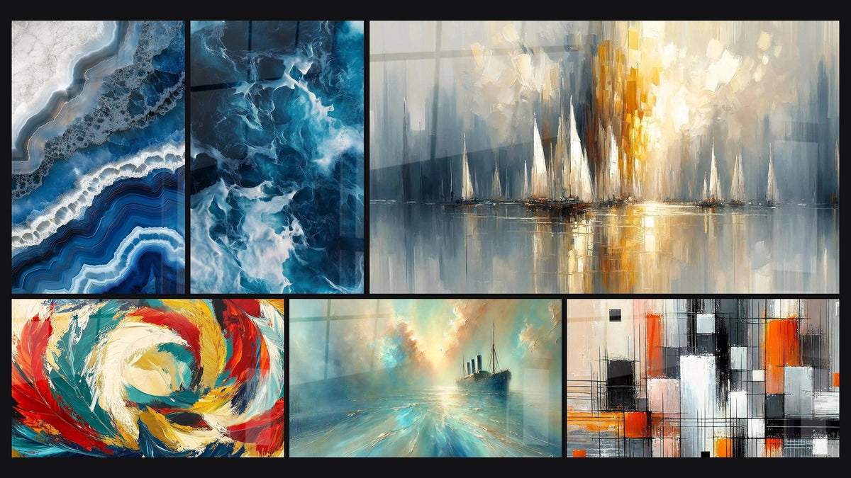 Mosaic of six paintings, including Blue and White Whirlpool with Golden Veins, Cosmic Metamorphosis and Heart of the Breeze