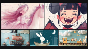 Mosaico de cinco cuadros, entre ellos Princesa N°1, Pirata N°2 y Para niños N°19