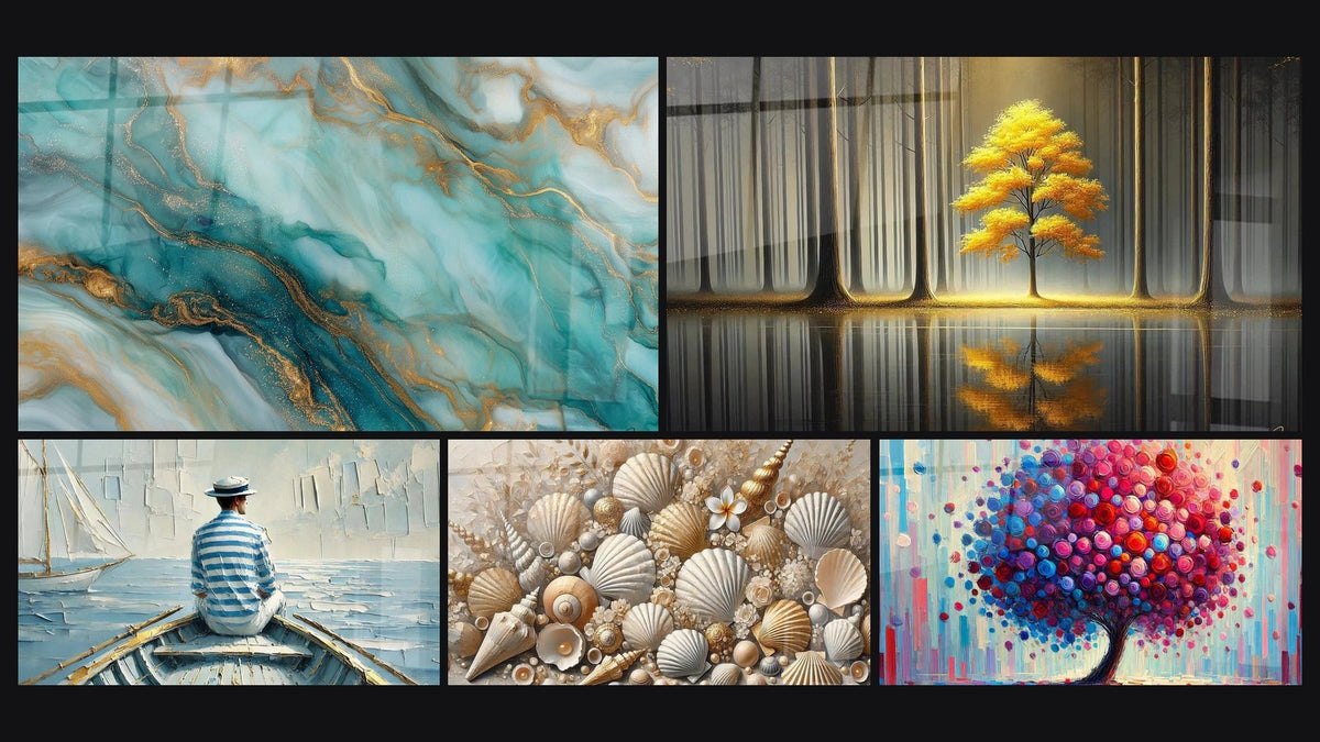 Mosaico de cinco cuadros, entre ellos El Arte del Agua, Joyas de las Arenas y Tranquilidad Eterna