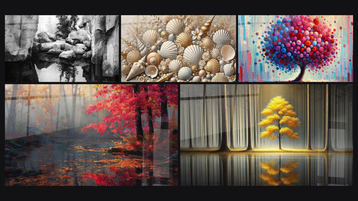 Mosaïque de cinq tableaux, dont Paysage Rocheux avec Reflet, Forêt d'automne au lac et Joyaux des Sables