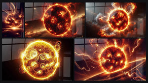 Mosaico de cinco cuadros, entre ellos Sol de Fuego, Coloso de Fuego y Guardián de la Luz