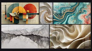 Mosaic of five paintings, including Geometric Circular Revolution and Textured Relief Golden and White Spiral