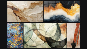 Mozaïek van vijf schilderijen, waaronder Abstract Beige en Aardekleur, Eeuwig Getij Goud en Tafel van kleurexplosie