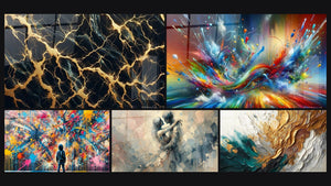 Mosaico de cinco cuadros, entre ellos Explosiones, Entre Nosotros y Trazos en Oro y Jade