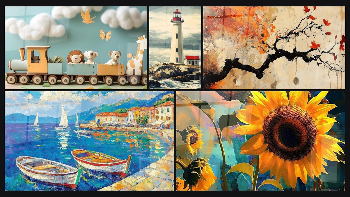 Mosaïque de cinq tableaux, dont Train N°2, Port N°1 et Phare N°3