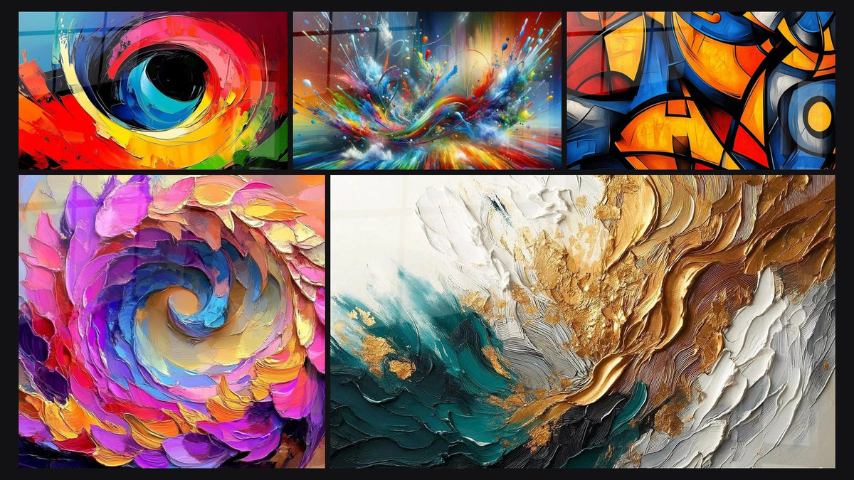 Mosaico di cinque quadri, tra cui Occhio colorato astratto, A spirale colorata e Traccia in Oro e Giada