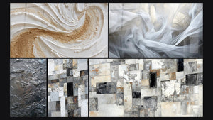 Mosaico de cinco cuadros, entre ellos Mosaico Abstracto Gris y Blanco, Abstracto Mosaico Gris y Beige y Velos de Luz