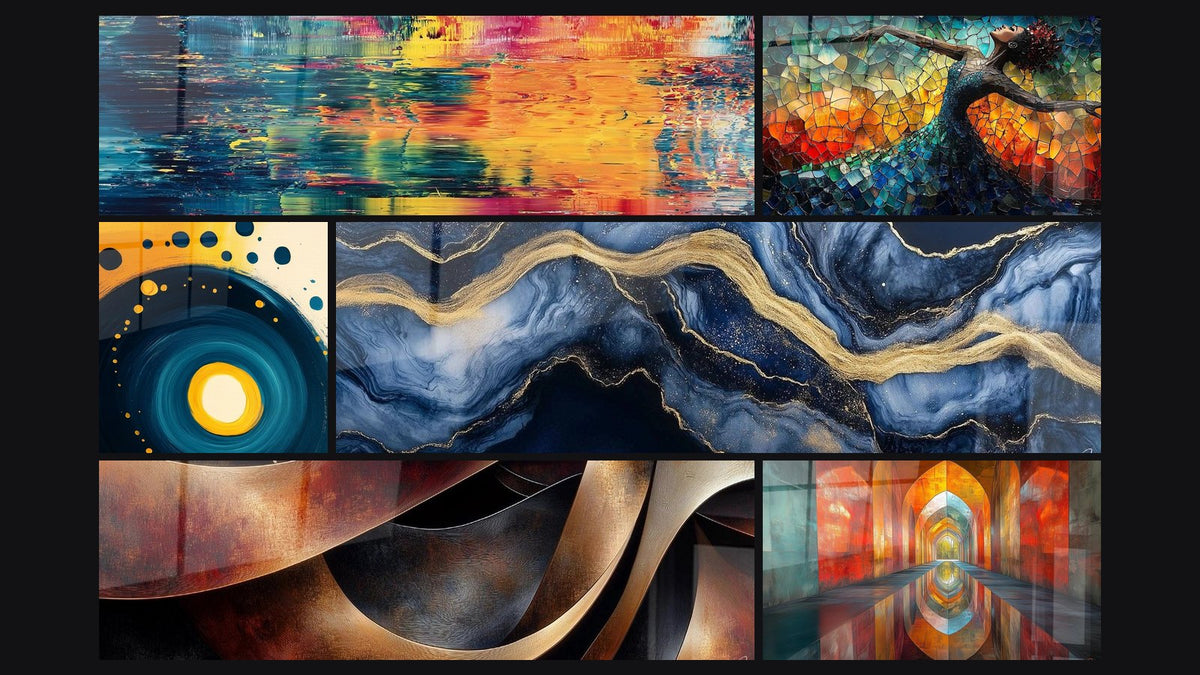 Mosaico di sei quadri, tra cui Astratta con riflessi colorati e A spirale cosmica blu e arancione