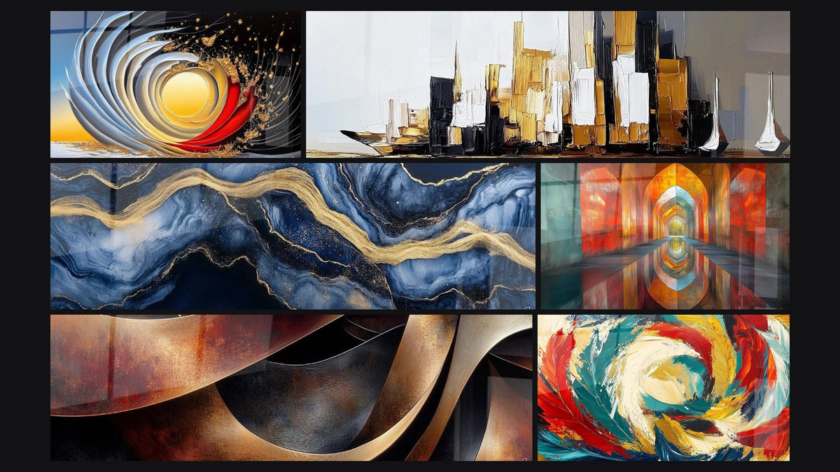 Mosaic of six paintings, including Explosive Golden Spiral, Modern Abstract City and Liquid Marble Eternity Blue