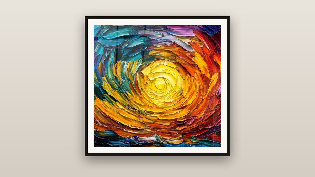 Cuadro enmarcado en una pared: Espiral solar multicolor