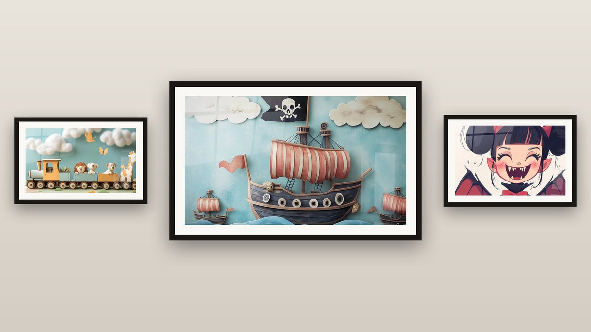 Gallery wall with three framed paintings, including Vampire Artwork No. 1