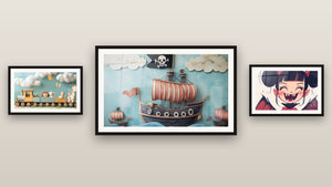 Galerijwand met drie ingelijste schilderijen: Piratentafel Nr. 2, Treintafel nr. 2 en Vampierposter nr. 1