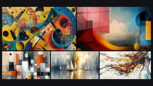 Mosaico de cinco cuadros, entre ellos Composición musical abstracta, Formas geométricas de colores y Mecánica de Colores