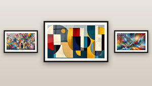 Pared de galería con tres cuadros enmarcados: Explosiones, Abstracto Big Bang Explosivo y Formas geométricas de colores