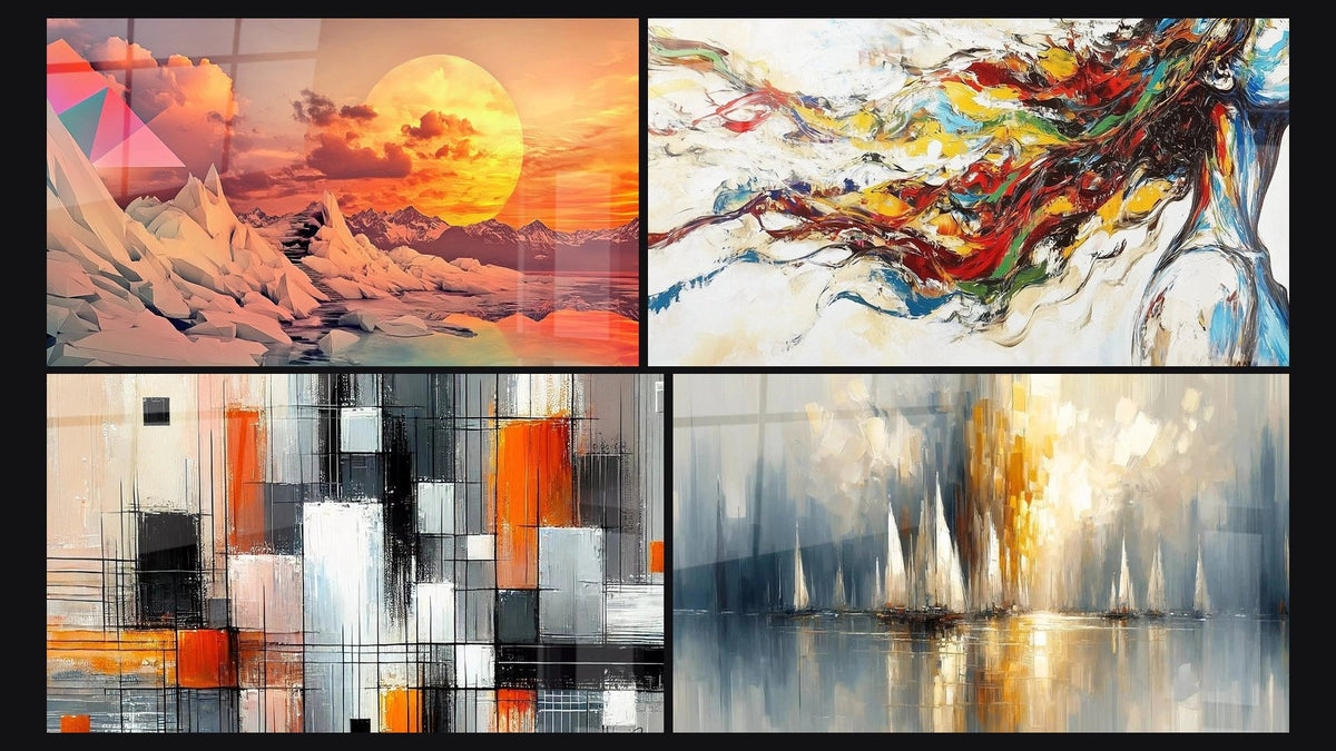 Mosaico di quattro quadri, tra cui Paesaggio futuristico cristallino, Meccanica dei Colori e Alba sulla Baia