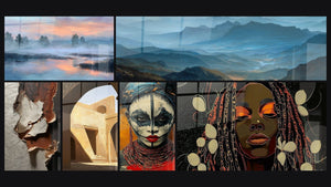Mosaïque de six tableaux, dont Paysage brumeux au coucher de soleil, Montagnes brumeuses et Architecture Passage des âmes