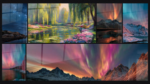 Mosaïque de six tableaux, dont Paysage côtier nocturne et Saules pleureurs