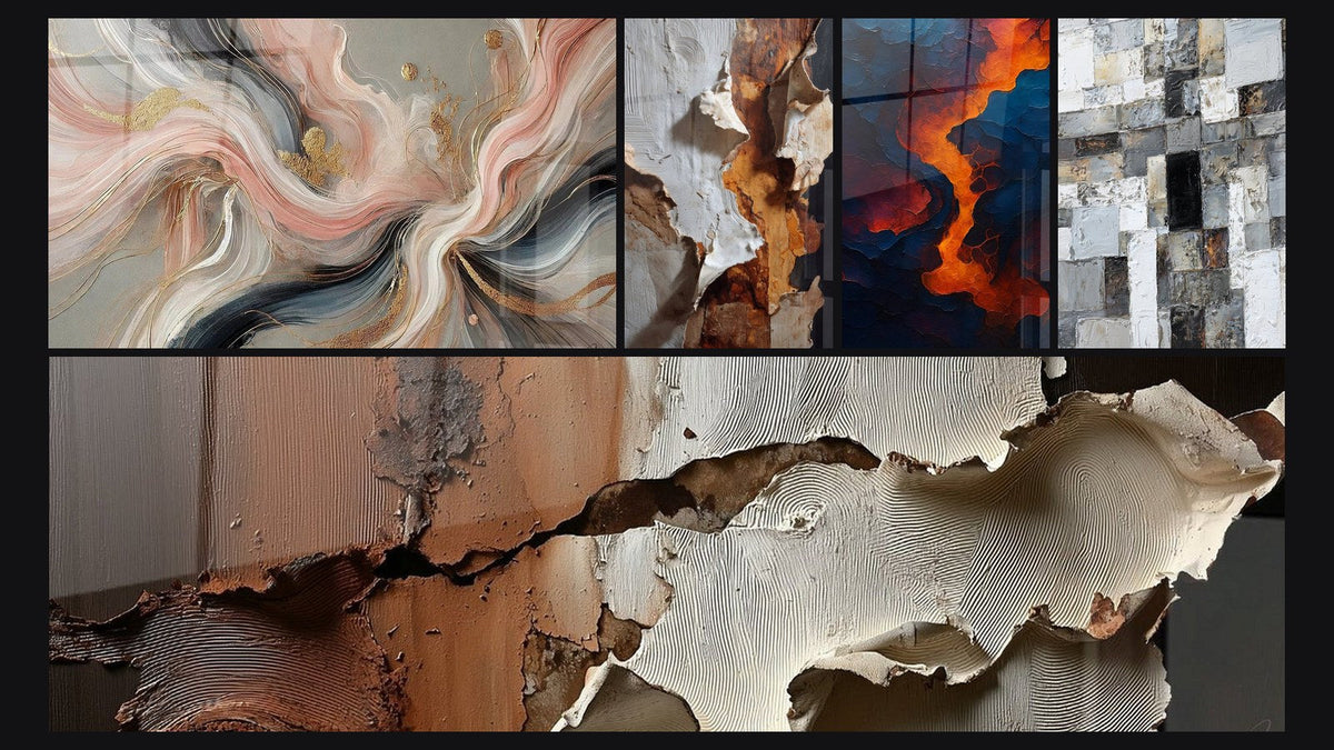 Mosaic of five paintings, including Silk Flows, Blood of the Earth and Abstract Gray and White Mosaic
