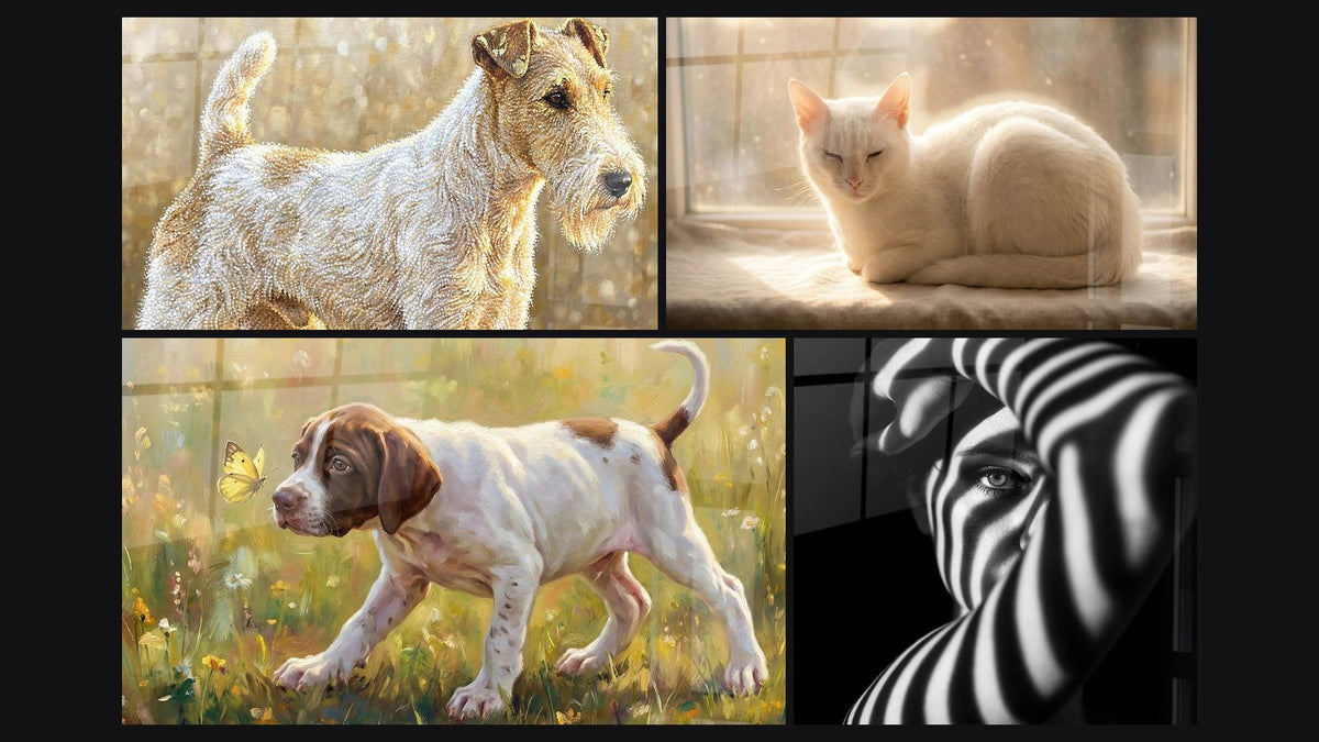 Mosaico de cuatro cuadros, entre ellos Mujer Sombras Luminosas y Gato Blanco Ventana Luminosa