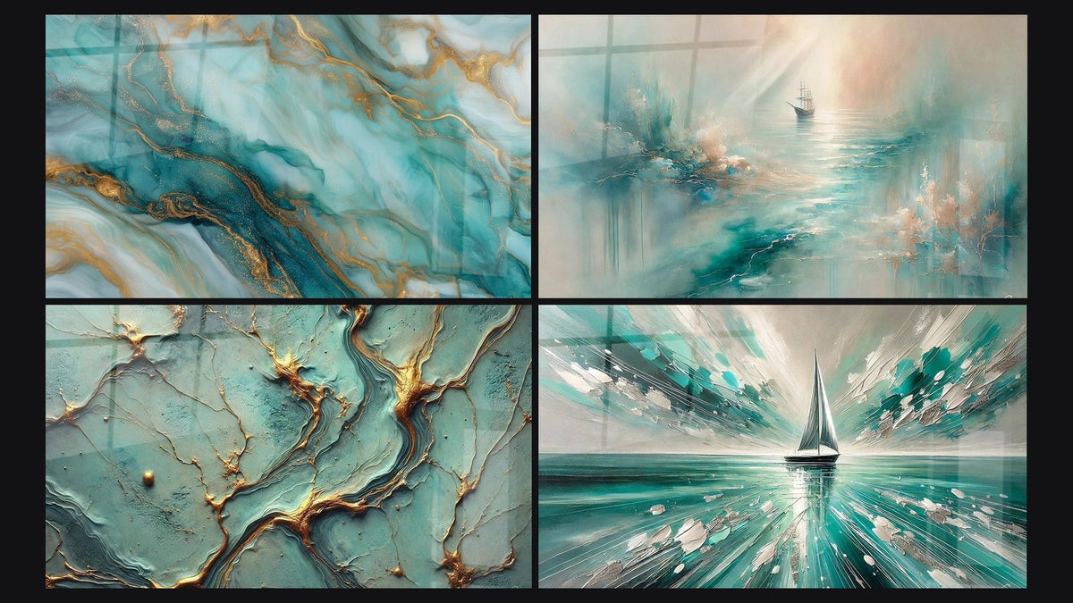 Mosaic of four paintings, including Golden Rivers, Ethereal Mist and Winds of Freedom