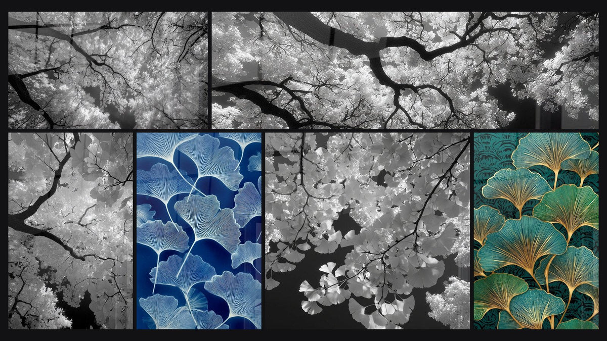 Mosaico di sei quadri, tra cui Fogliame Dorato in Bianco e Nero e Rami di Ginkgo in Bianco e Nero