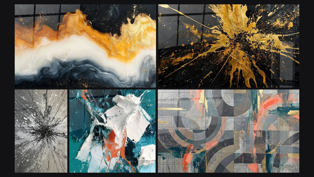 Mosaïque de cinq tableaux, dont Marée Éternelle Dorée, Éclat blanc et sarcelle en relief et Cercles gris et corail entrelacés