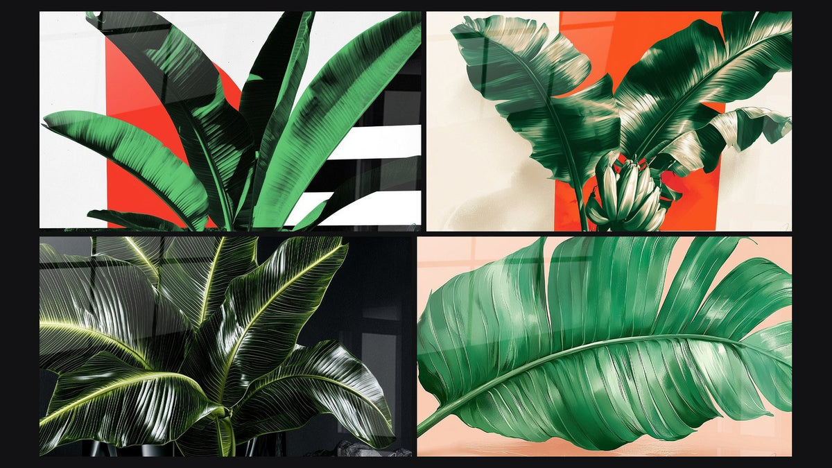 Mosaïque de quatre tableaux, dont Bananier vert et rouge sur bandes noires et Feuilles de bananier vert et noir éclatées