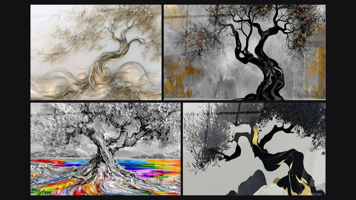 Mosaïque de quatre tableaux, dont Olivier noir et doré sur rochers gris et Olivier noir et gris aux éclats grenat