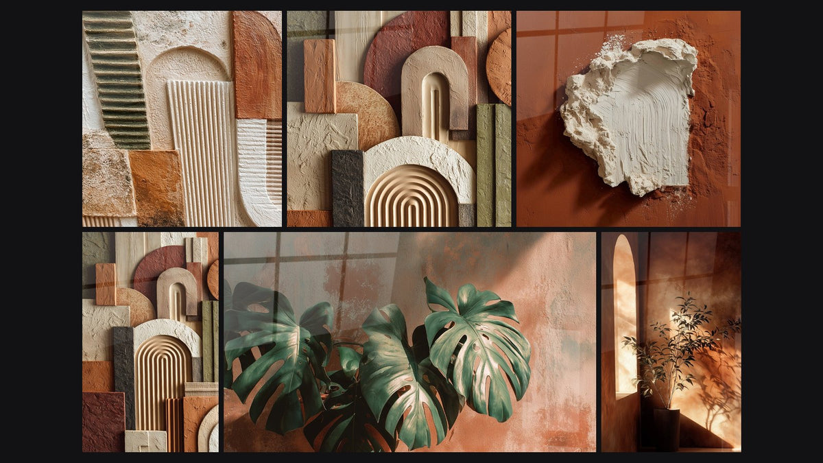 Mosaïque de six tableaux, dont Arche sculpturale beige et brique cannelée et Arches sculptées beige et ocre