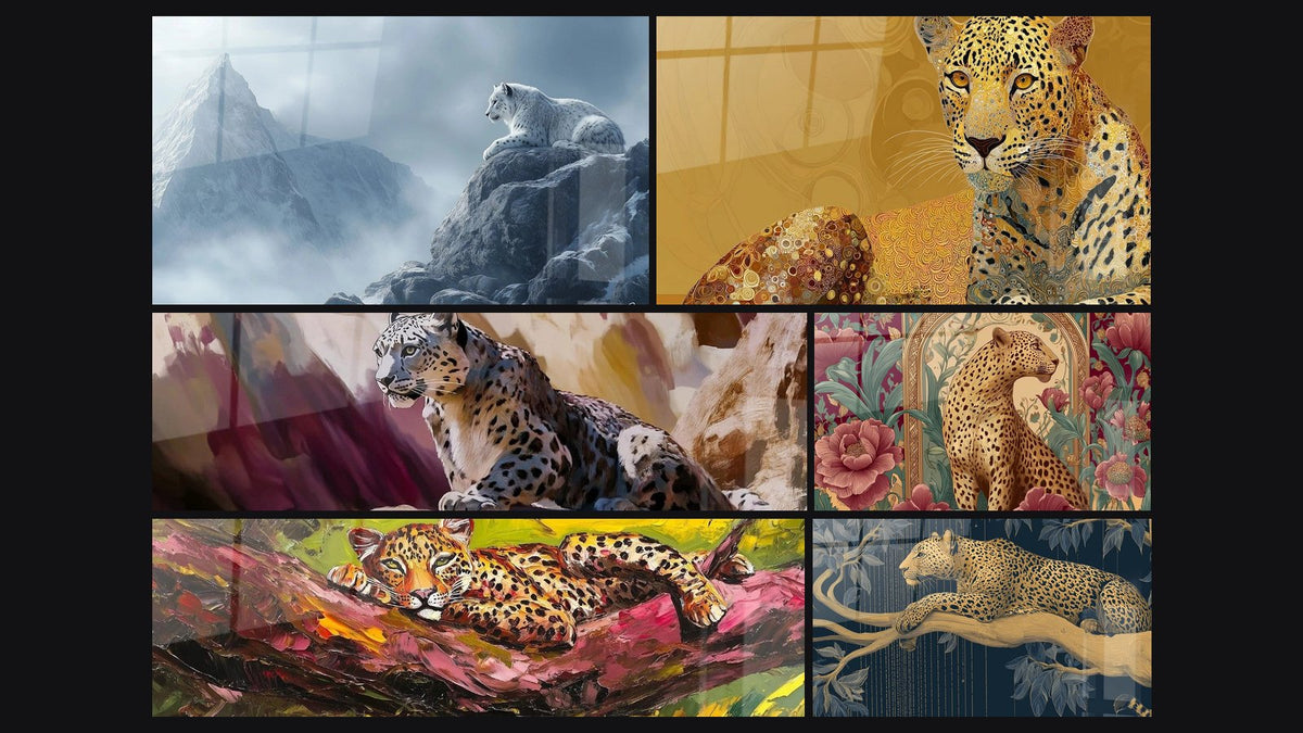 Mosaïque de six tableaux, dont Panthère des neiges N°2, Panthère ombre des pics et Léopard Taches de soleil